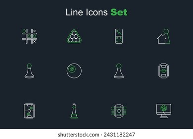 Set line Game dice, Table football, Chess, Air hockey table, Chip for board game, Billiard pool snooker and pawn icon. Vector