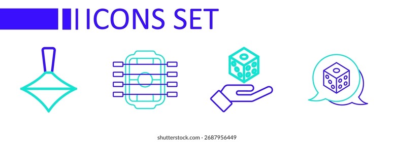 Juego de dados de línea, futbolín e icono de juguete de remolino. Vector
