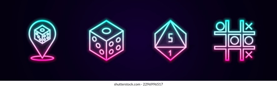 Set line Game dice,  and Tic tac toe game. Glowing neon icon. Vector