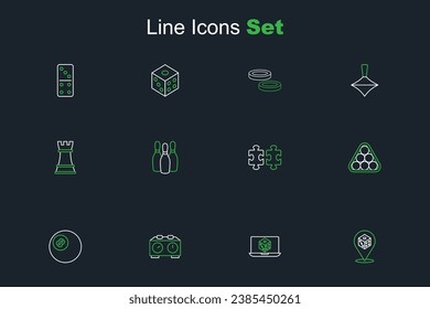 Set line Game dice, Time chess clock, Billiard pool snooker ball, balls in triangle, Puzzle pieces toy, Bowling pin and Chess icon. Vector