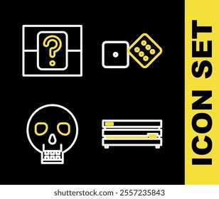 Set line Game dice, Video game console, Skull and Mystery or random box icon. Vector