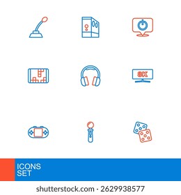 Set linha Dados do jogo, jogo de controle VR, console de vídeo portátil, monitor de computador, fones de ouvido, botão de energia e Caso do ícone do computador. Vetor
