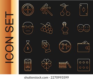 Set line Game dice, Wallet with money, Poker player, Casino slot machine cherry, grape, roulette wheel and Hand holding casino chips icon. Vector