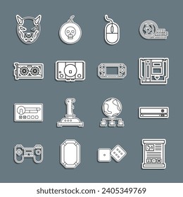 Guía de juego de línea, consola de videojuegos, Cartucho, ratón de ordenador, tarjeta gráfica, Máscara del diablo con cuernos e icono de vídeo portátil. Vector