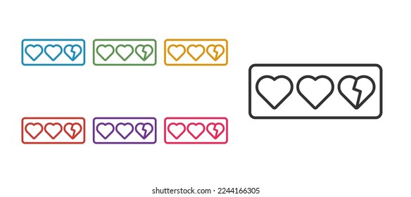 Set line Game life bar icon isolated on white background. Health heart bar. Set icons colorful. Vector