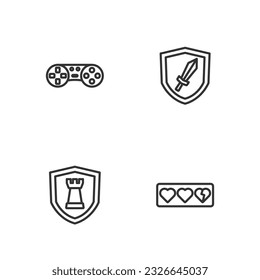 Set line Game life bar, Chess shield, controller or joystick and Sword for game icon. Vector