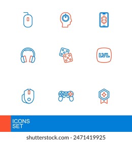 Set line Game rating with medal, controller or joystick, Computer mouse, Level game, Headphones, dice, Mobile gaming and Power button icon. Vector