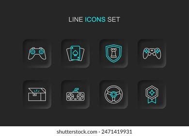 Set line Game rating with medal, Racing simulator, controller joystick, Chest for game, Chess shield, Playing cards and  icon. Vector