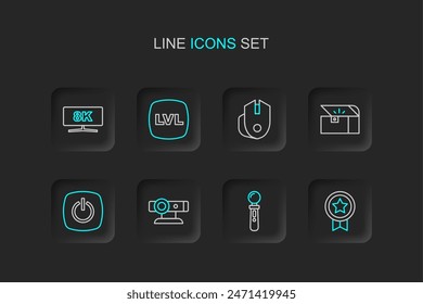 Set line Game rating with medal, VR controller game, Web camera, Power button, Chest for, Computer mouse, Level and monitor icon. Vector