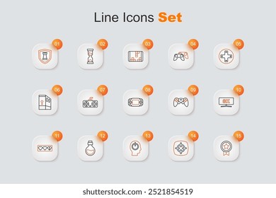 Clasificación del juego con medalla, deporte objetivo, Botón Video de energía, elixir mágico de botella, barra de vida, monitor de computadora, joystick controlador e ícono de consola de juego portátil. Vector