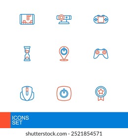 Set line Game rating with medal, Power button, Computer mouse, controller or joystick, Old hourglass, Portable video game console and Web camera icon. Vector