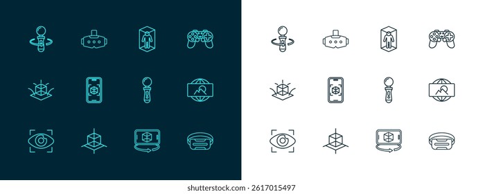 Set line Gamepad, 3d modeling, VR controller game,  and Virtual reality glasses icon. Vector
