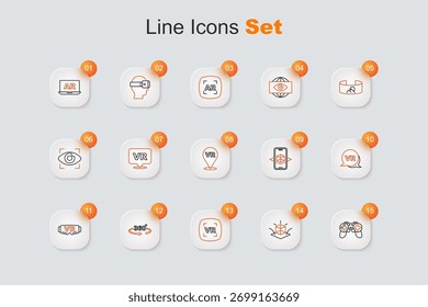 Definir linha Gamepad, modelagem 3d, realidade virtual, visualização de 360 graus, óculos e ícone. Vetor