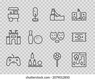 Set line Gamepad, Amusement park map, Water slide, Bottles ball, Fast street food cart, Bowling pin and, Lollipop and Ticket icon. Vector