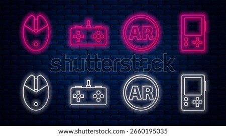 Set line Gamepad, Ar, augmented reality, Computer mouse gaming and Portable video game console. Glowing neon icon on brick wall. Vector
