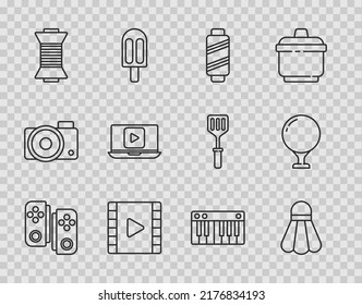 Set line Gamepad, Badminton shuttlecock, Sewing thread spool, Play Video, Online play video, Music synthesizer and Golf ball tee icon. Vector