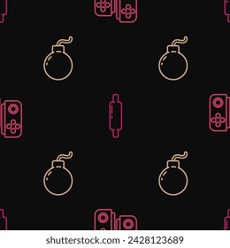 Set line Gamepad, Bomb ready to explode and Rolling pin on seamless pattern. Vector