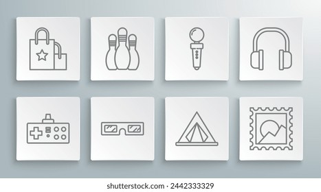 Set line Gamepad, Bowling pin, 3D cinema glasses, Tourist tent, Picture landscape, Joystick for arcade machine, Headphones and Paper shopping bag icon. Vector