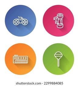 Set line Gamepad, Camera roll cartridge, Music synthesizer and Lollipop. Color circle button. Vector