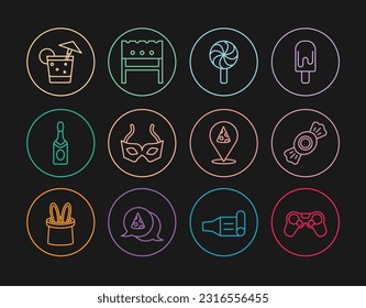 Set line Gamepad, Candy, Lollipop, Festive mask, Champagne bottle, Cocktail, Slice of pizza and BBQ brazier icon. Vector