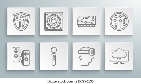 Set line Gamepad, Computer cooler, Virtual reality glasses, monitor screen, RAM, random access memory, Processor and Cyber security icon. Vector