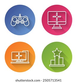 Set line Gamepad, Computer monitor, Computer monitor and Star. Color circle button. Vector