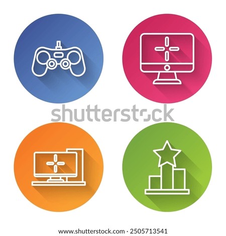 Set line Gamepad, Computer monitor, Computer monitor and Star. Color circle button. Vector