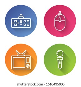 Set line Gamepad, Computer mouse, Television and Joystick for arcade machine. Color circle button. Vector