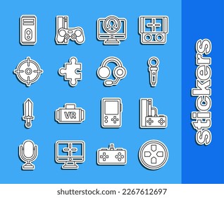 Set-line Gamepad, Konsole mit Joystick, Joystick für Arcade-Maschine, Account-Bildschirm erstellen, Puzzleteil, Zielsport, Computer und Kopfhörer Symbol. Vektorgrafik