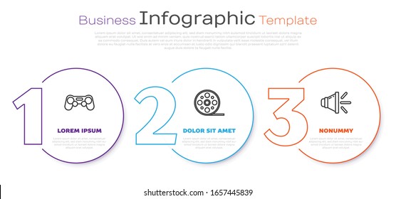 Set line Gamepad, Film reel and Speaker volume. Business infographic template. Vector