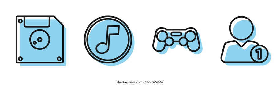 Set line Gamepad, Floppy disk for computer data storage, Music note, tone and Add to friend icon. Vector