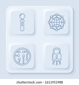 Set line Gamepad, Global technology or social network, Processor and Lock on digital circuit board. White square button. Vector