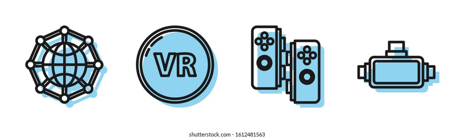 Set line Gamepad, Global technology or social network, Virtual reality and Virtual reality glasses icon. Vector