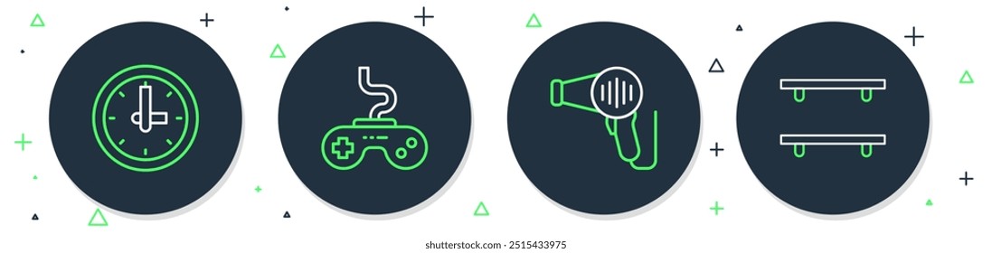 Set line Gamepad, Hair dryer, Clock and Empty wooden shelves icon. Vector