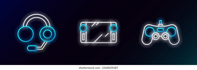 Set line Gamepad, Headphones and Portable video game console icon. Glowing neon. Vector