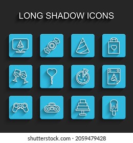 Set line Gamepad, Home stereo with two speakers, Slice of pizza, Cake, Ice cream, Balloons in form heart, Calendar party and Homemade pie icon. Vector