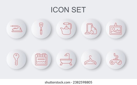 Set line Gamepad, House key, Kettle with handle, Hanger wardrobe, Electric iron, Spatula, Oven and Bathtub icon. Vector