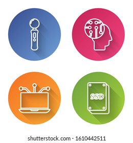 Set line Gamepad, Human brain as digital circuit board, Laptop and SSD card. Color circle button. Vector