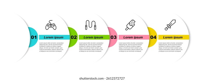 Set line Gamepad, Jump rope, Ice cream and Sword toy. Business infographic template. Vector