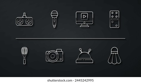 Set line Gamepad, Kitchen whisk, Domino, Needle bed and needles, Photo camera, Microphone, Badminton shuttlecock and Online play video icon. Vector