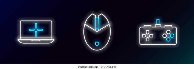 Set line Gamepad, Laptop and Computer mouse gaming icon. Glowing neon. Vector