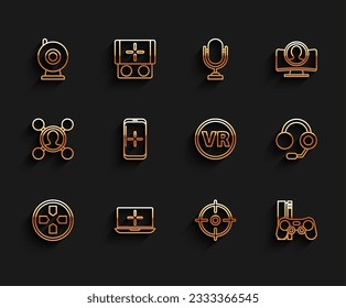 Set line Gamepad, Laptop, Web camera, Target sport, console with joystick, Smartphone and playing in game, Headphones and Virtual reality glasses icon. Vector