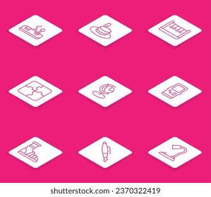Fija la línea Gamepad, sombrero de hombre, péndulo, pieza de rompecabezas, globo terrestre, tetris, zapatillas con medias y icono de la pluma de fuente. Vector