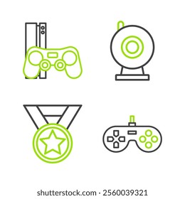 Set line Gamepad, Medal, Web camera and console with joystick icon. Vector