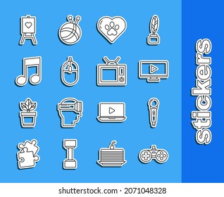 Set line Gamepad, Microphone, Online play video, Heart with animals footprint, Computer mouse, Music note, tone, Wood easel or painting boards and Television icon. Vector