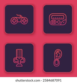 Set line Gamepad, Microphone, Pager and Ear with earring. Blue square button. Vector