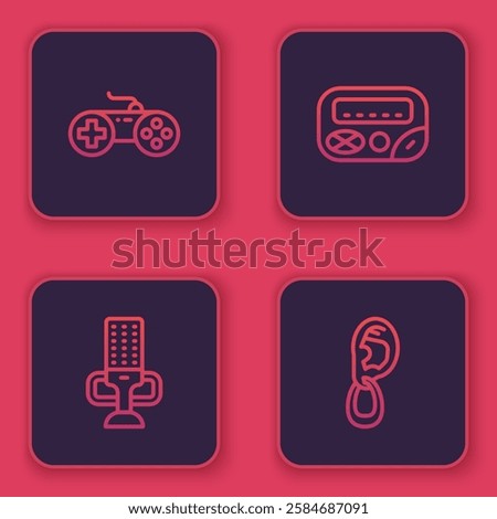 Set line Gamepad, Microphone, Pager and Ear with earring. Blue square button. Vector