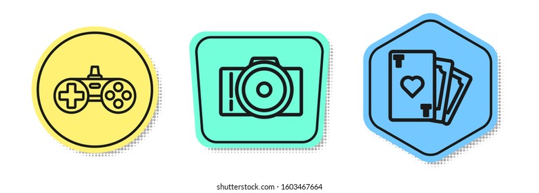 Set line Gamepad, Photo camera and Playing card with heart symbol. Colored shapes. Vector