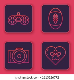 Set line Gamepad, Photo camera, American Football ball and Heart with animals footprint. Blue square button. Vector