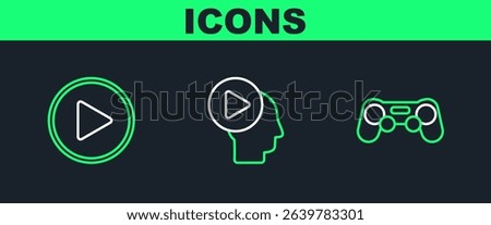 Set line Gamepad, Play in circle and Head people with play button icon. Vector